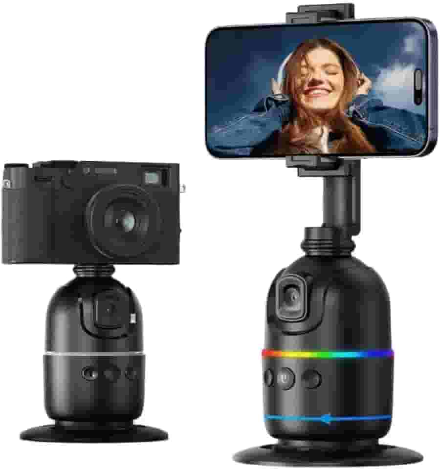 Suporte de Celular com Estabilizador Gimbal 360°, Rastreamento Facial Inteligente, Rotação Automática, Ideal para Lives e Vídeos, Cor Preta