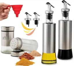 Kit Galheteiro para Azeite e Vinagre com Saleiro e Pimenteiro Prata, Funil Retrátil de Silicone e Bico Dosador com Fluxo Controlado para Cozinha Gourmet