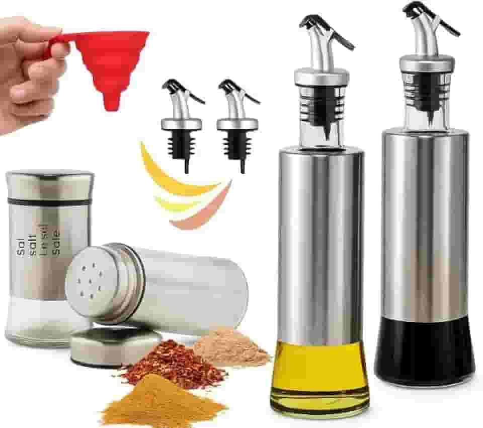 Kit Galheteiro para Azeite e Vinagre com Saleiro e Pimenteiro Prata, Funil Retrátil de Silicone e Bico Dosador com Fluxo Controlado para Cozinha Gourmet