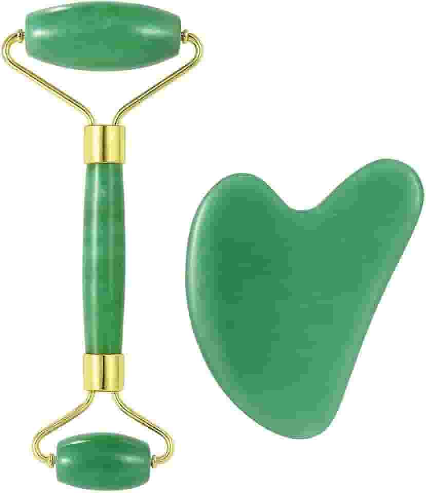 Kit Rolo de Jade + Gua Sha Massageador Facial Corporal Natural | Drenagem Linfática, Spa em Casa, Anti-Idade, Reduz Inchaço, Olheiras, Tensão, Relaxa Músculos, Estimula Circulação Sanguínea Linha Premium