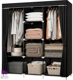 Guarda Roupa Dobrável Preto Organizador de Roupas 3 Portas Multiuso Armário Camiseta Calça