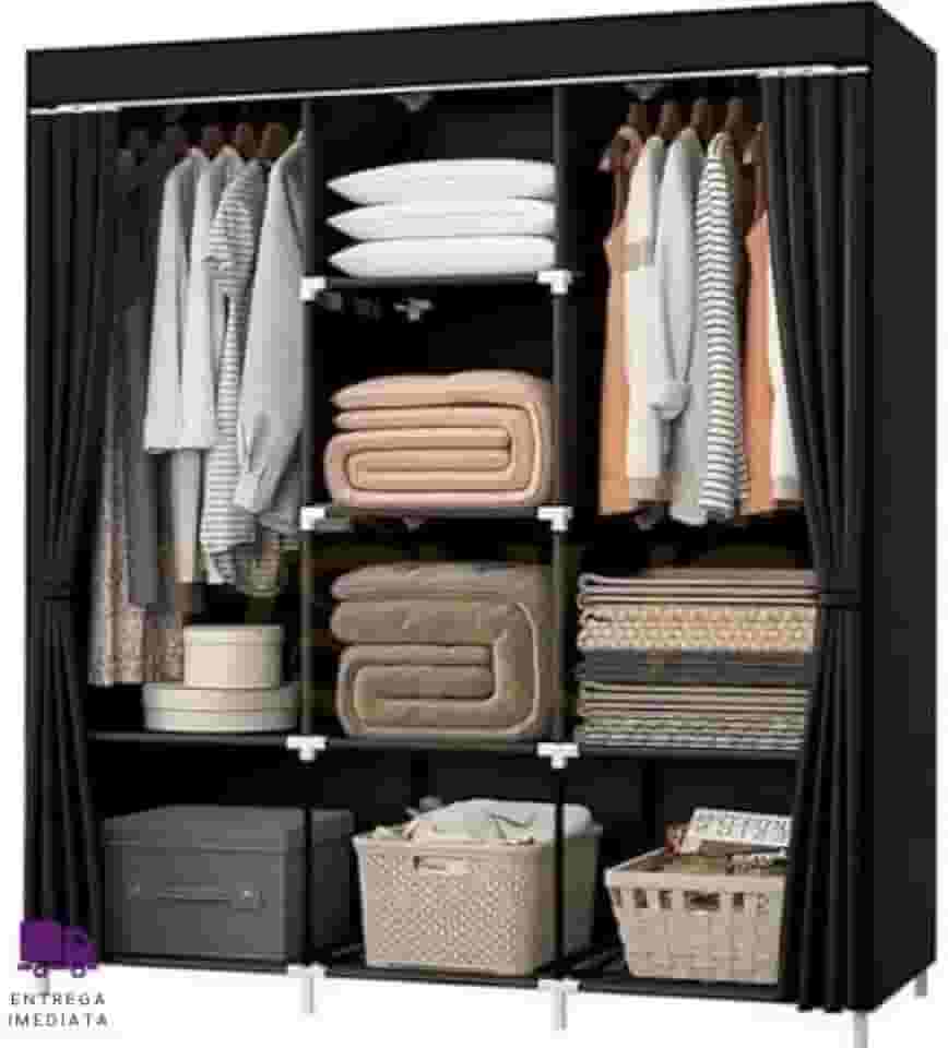 Guarda Roupa Dobrável Preto Organizador de Roupas 3 Portas Multiuso Armário Camiseta Calça