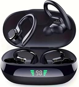 Fones de ouvido sem fio para esportes em forma de gancho com Bluetooth 5.4, qualidade de som Hi-Fi e longa autonomia – A escolha perfeita para atividades esportivas e ao ar livre (Preto)