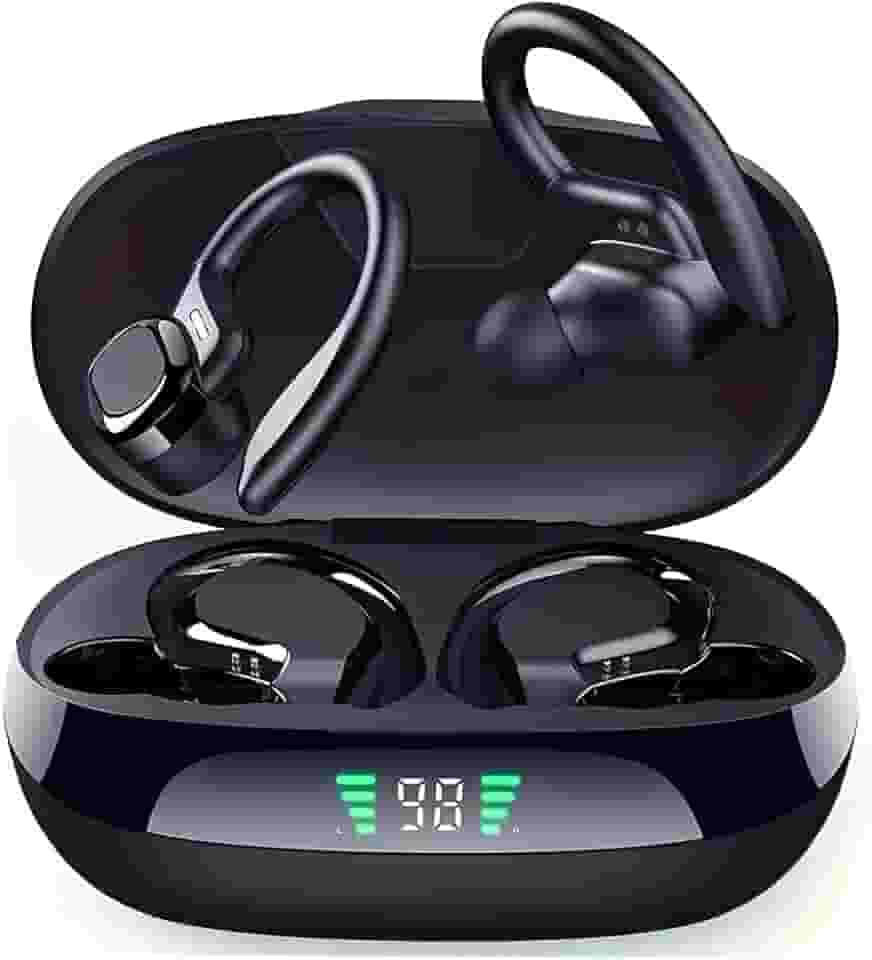 Fones de ouvido sem fio para esportes em forma de gancho com Bluetooth 5.4, qualidade de som Hi-Fi e longa autonomia – A escolha perfeita para atividades esportivas e ao ar livre (Preto)