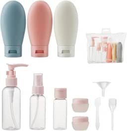 Kit Completo Frascos de Viagem Silicone Recarregáveis com 11 Peças Para Shampoo Condicionador Creme Álcool em Gel Sabonete Cosméticos Maquiagem Aprovados para Avião Nacional e Internacional Premium