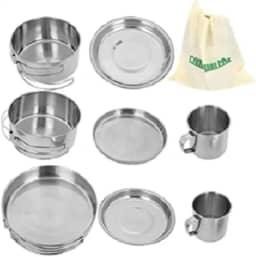 Kit Cozinha Camping Inox 8Peças Frigideira Panela Copo Bolsa
