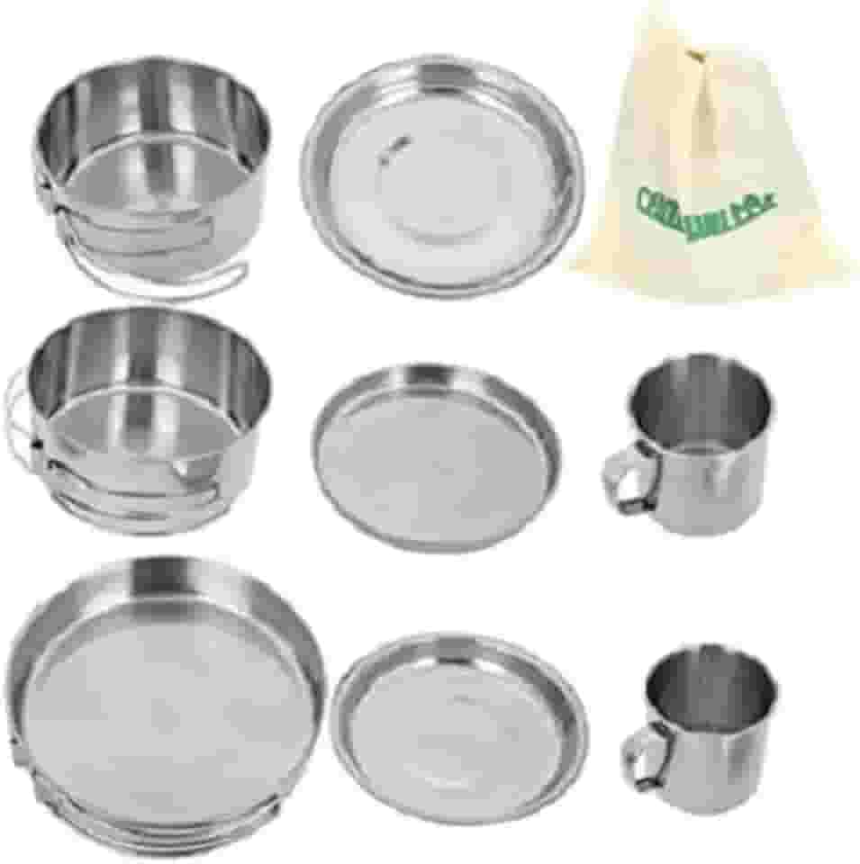 Kit Cozinha Camping Inox 8Peças Frigideira Panela Copo Bolsa