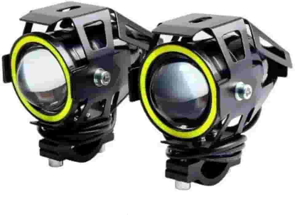 Kit 2 Faróis De Milha Angel Eye LED U7 Luz Azul 6000K Para Motos Carros