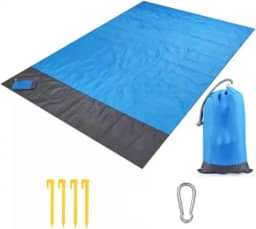 Tapete Impermeável para Praia e Camping, 210 x 200 cm, Azul e Cinza, com 4 Pinos e Mosquetão