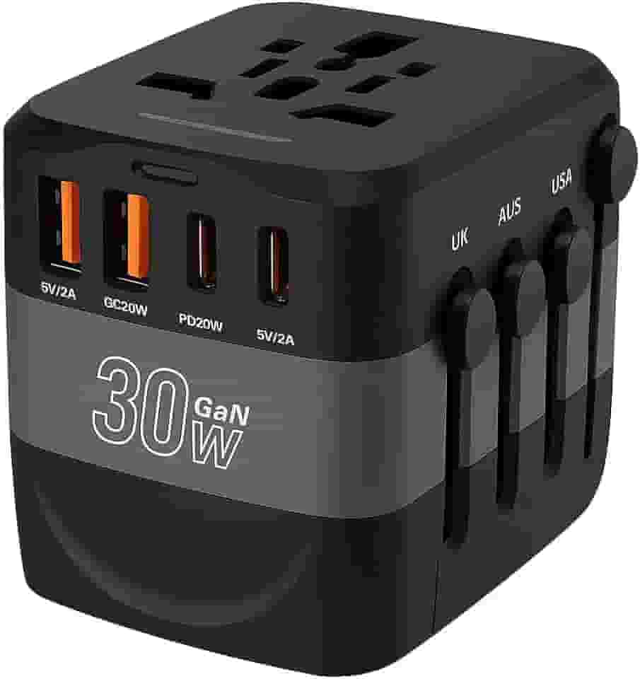 Carregador de Viagem Universal 30W GaN Viagem Adaptador para 150 Países, 2 USB-A 2 USB-C Carregamento Turbo, Compacto e Seguro + Estojo