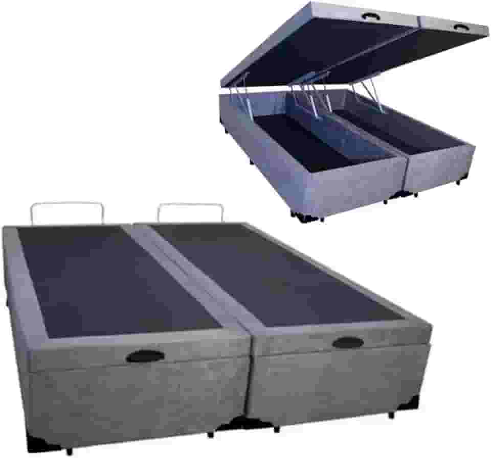 Cama Báu Box Base King Size Bipartido Suede Cinza, RC. 203x193 com Pistão a Gás.