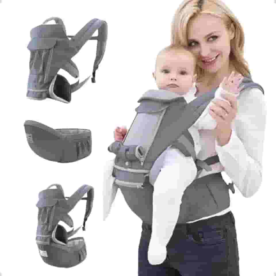 AIEBAO Bolsa Canguru, Ergonômica, 12 Posições, 3 Em 1, 3 Bolsos Externos, Bebês 0 a 36 Meses, Capacidade 0 a 36 quilos, Poliéster Algodão e Isopor. (Cinza)