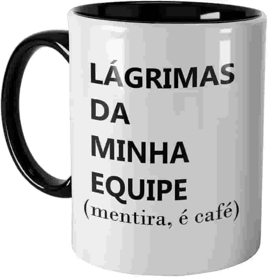 Caneca com Frase Engraçada 'Lágrimas da Minha Equipe', Cerâmica, Branca e Preta, 325ml