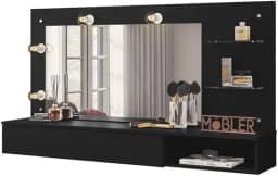 Penteadeira Camarim Suspensa com Espelho, Iluminação LED, Prateleiras, Branca (Preto)