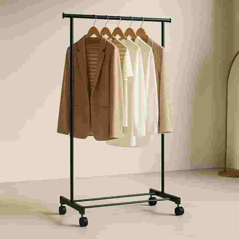 Arara de Roupas Móvel com Rodízios, Altura Ajustável, Metal Preto, Organizador para Vestuário (Preto)