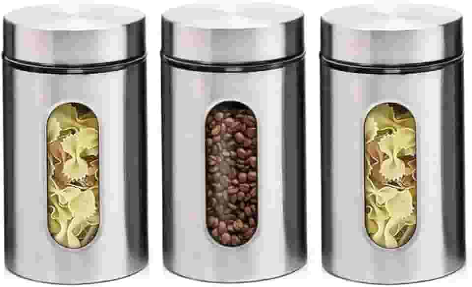 Jogo de 3 Potes de Inox 1,0L com Tampa Hermética e Visor de Vidro - Ideal para Armazenar Alimentos Secos, Grãos e Mantimentos - Super Resistente
