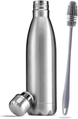 Garrafa Térmica Aço Inox água Gelada Anti Vazamento 500ml de Dupla Camada com Tampa Rosqueável + Escova Silicone para Limpeza
