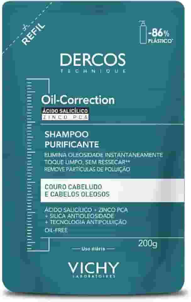 Vichy Dercos Oil-Correction, Refil Shampoo Purificante para Cabelos Oleosos, Limpeza Profunda sem Ressecar os Fios, Fórmula com Ácido Salicílico e Zinco PCA, 200g