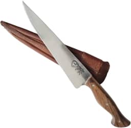 Faca Churrasco Artesanal FACAS FR Aço Carbono Full Tang com Cabo de Madeira Nobre e Bainha de Couro - Corte Preciso e Durabilidade Superior