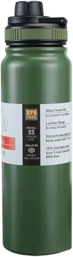 Garrafa de Água Térmica Inox 800ml Esportiva com Alça Parede Dupla Isolada a Vácuo Antivazamento Garrafinha Academia Fitness Corrida Esportes Escritório Aço Inox (Verde)