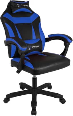 Cadeira Gamers Xtreme Supra Ergonômica, Confortável, Design Moderno, Estilo para Jogadores Exigentes, Ajuste de Altura, Reclinável, Apoio de Cabeça, Braços, Pés, nas Cores Azul e Preta.
