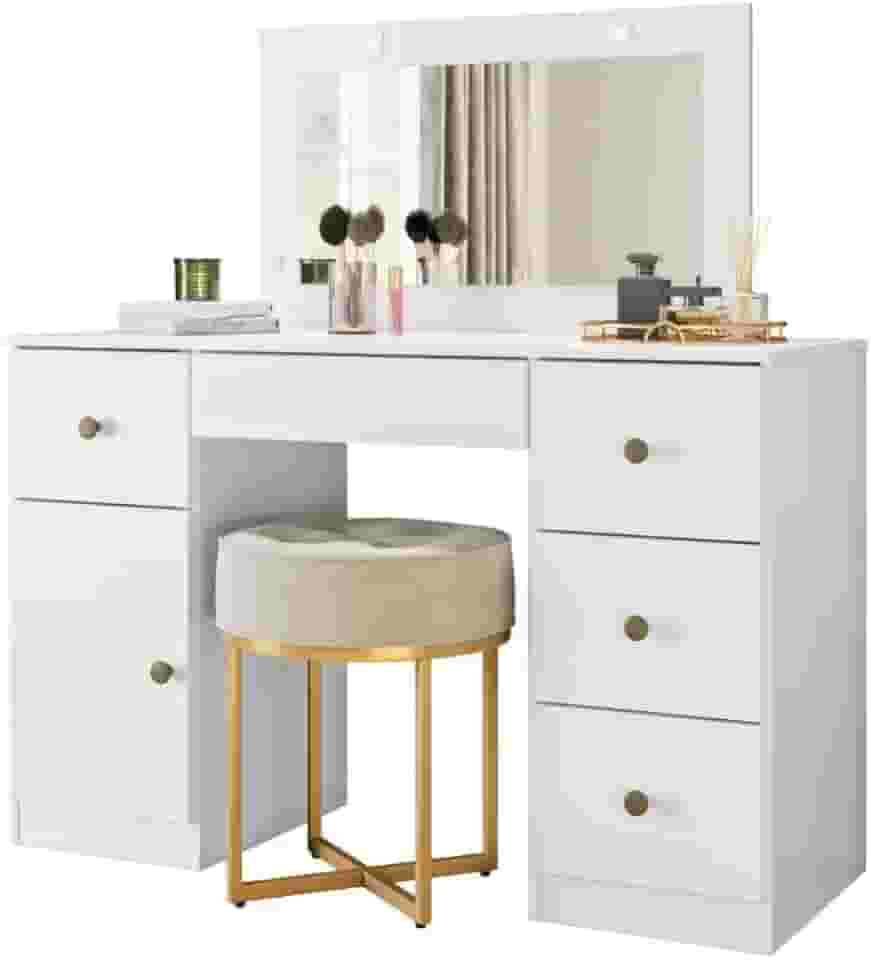 Penteadeira com Espelho Led Camarim Sonhos 5 Gavetas 1 Porta Branco