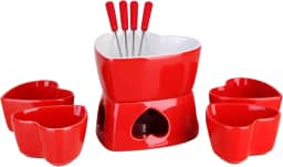 Conjunto para Fondue Cerâmico Vermelho, 500ml, 10 Peças, Design Coração, 4 Ramequins e 4 Garfos
