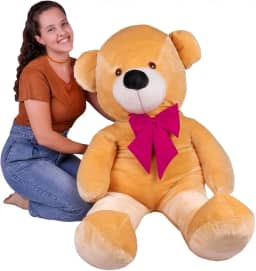 Urso de Pelúcia Gigante com Laço, 110 cm, Teddy Bear (Doce de Leite com Laço Pink)