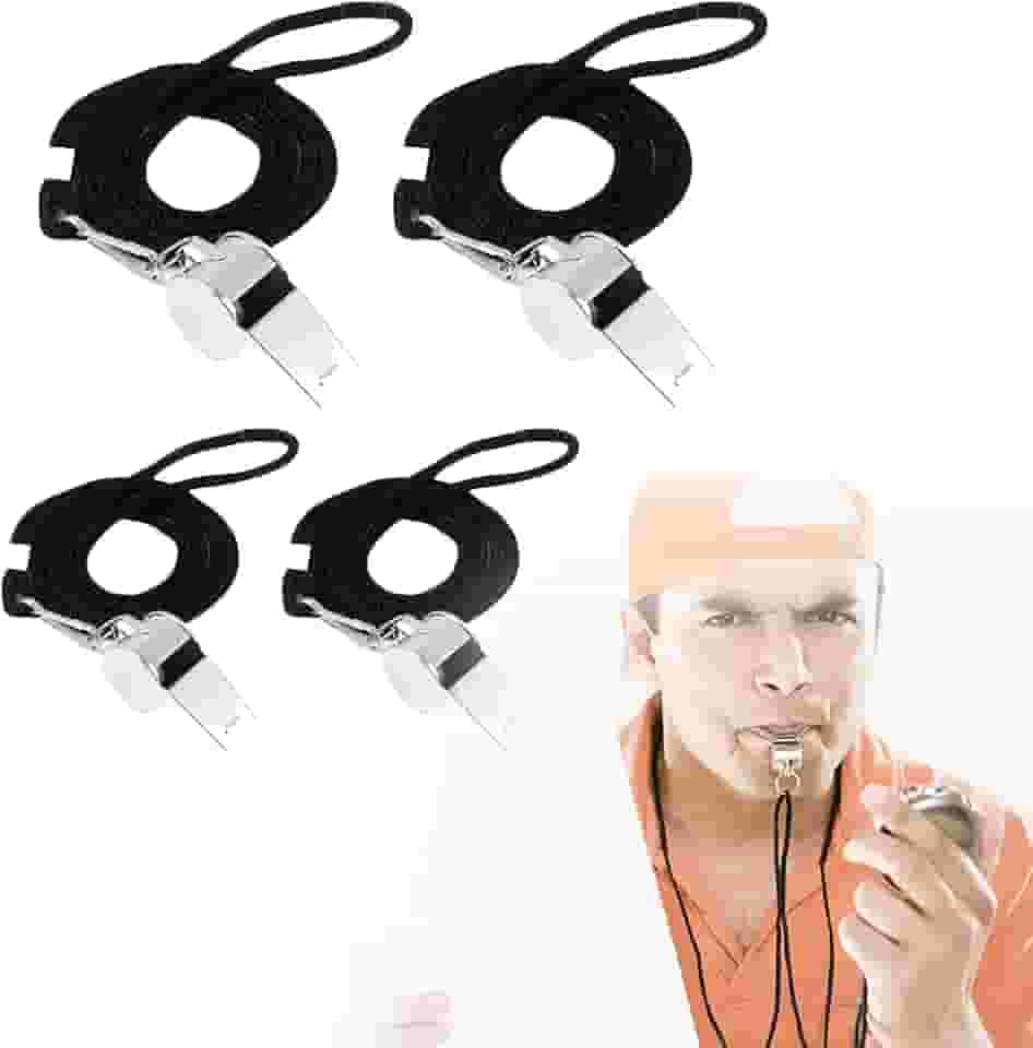Pacote com 4 apitos de aço inoxidável com cordão - Apitos altos de árbitro para treinadores, atletas e professores - Apitos de metal durável para treinamento esportivo