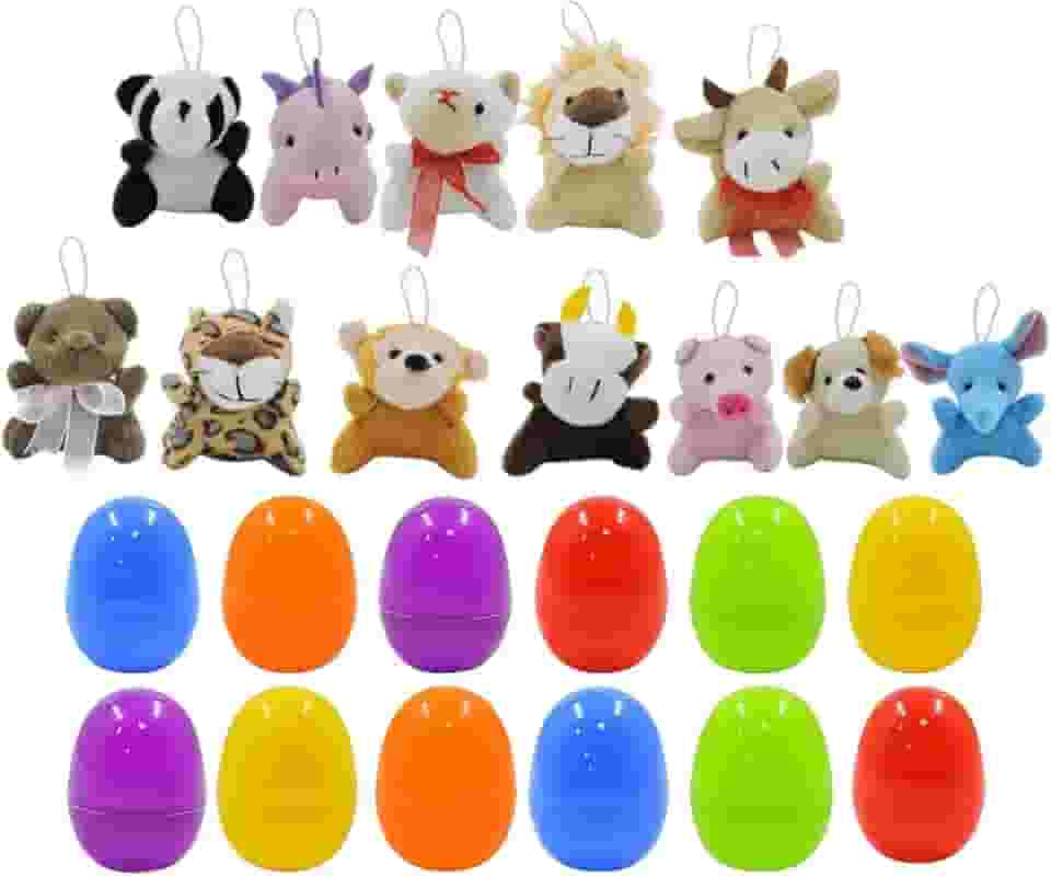 12pçs ovos de páscoa pré-preenchidos com animal de pelúcia, ovos de páscoa pré-preenchidos, figuras fofas para presentes infantis, sacos de goodie,