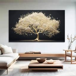 Quadro Decorativo Floral Pintura Arvore Dourada, Tela em Canvas na Horizontal ideal para ambiente de Sala de estar, jantar, reuniões, Quarto e Hall de entrada