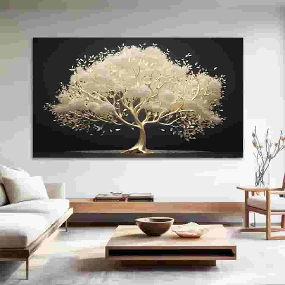 Quadro Decorativo Floral Pintura Arvore Dourada, Tela em Canvas na Horizontal ideal para ambiente de Sala de estar, jantar, reuniões, Quarto e Hall de entrada