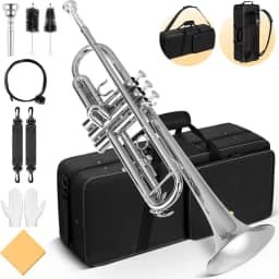 Conjunto de trompete padrão Bb: instrumento de trompete de estudante de cobre com luva de bocal 7C de casca dura, adequado para orquestra de banda de estudante iniciante ou avançada (prata)