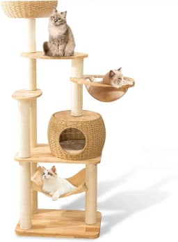 Torre grande e moderna para gatos de 150 cm, arranhadores cobertos de sisal para gatos internos, árvore de madeira de carvalho para gatos grandes, condomínio de vários níveis para gatos com ninho de