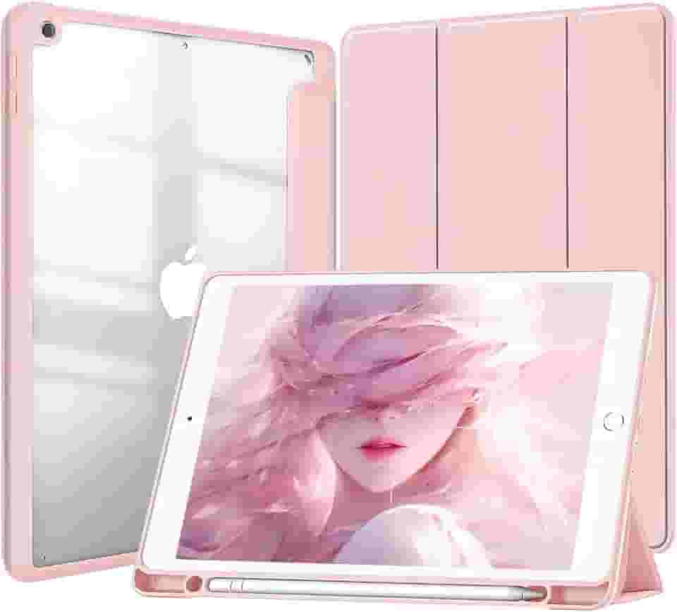 Capa para iPad 10.2 polegadas 9ª e 8ª e 7ª Geração 2021 e 2020 e 2019. Capinha iPad 10,2 Protetora Fina Capa Traseira Transparente Proteção com Suporte para Lápis - Rosa