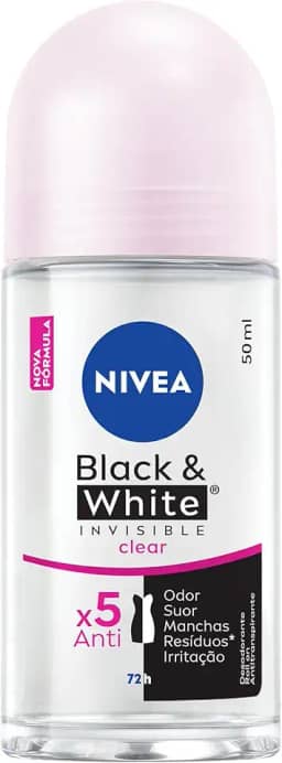 NIVEA Desodorante Antitranspirante Roll On Invisible Black & White Clear 50ml - Proteção prolongada de 48h, cuidado suave, ação antibacteriana, fórmula 5 em 1: anti-manchas, anti-odor