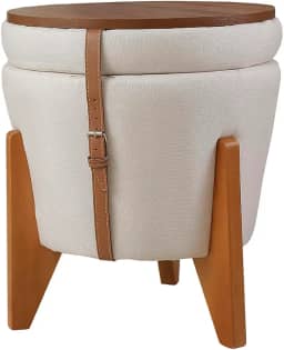 Puff flex Linho Claro 3 em 1 Baú e Mesa de Centro Pés Madeira Maciça