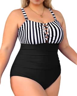 Maiô feminino plus size, peça única, listrada, com controle de barriga, cores contrastantes, roupa de banho