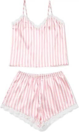 Conjunto de pijama feminino de cetim de seda, gola V, rosa, listrado, top de calça, sem mangas, alças finas