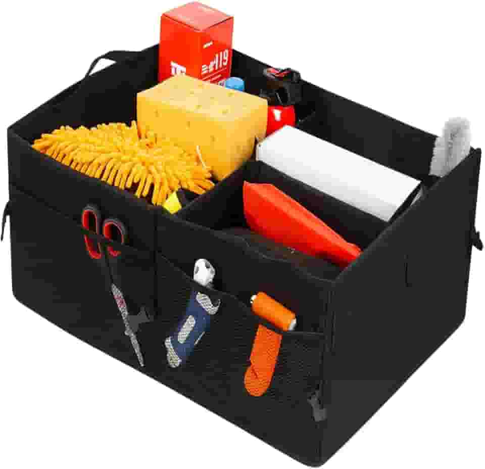 Organizador Porta-Malas Dobrável Impermeável 56x40x26cm – 3 Divisórias, Bolsos Laterais e Alças Reforçadas – Tecido Oxford 600D Preto