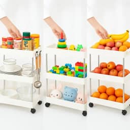 Prateleira com Rodinhas Fruteira 3 Andares Plástico Organizador Cozinha Banheiro Lavanderia Escritório com 4 Ganchos Cesta Carrinho Auxíliar Slim Branco