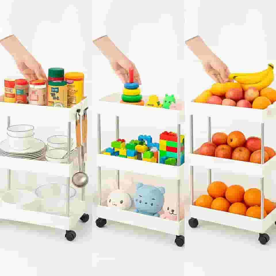 Prateleira com Rodinhas Fruteira 3 Andares Plástico Organizador Cozinha Banheiro Lavanderia Escritório com 4 Ganchos Cesta Carrinho Auxíliar Slim Branco