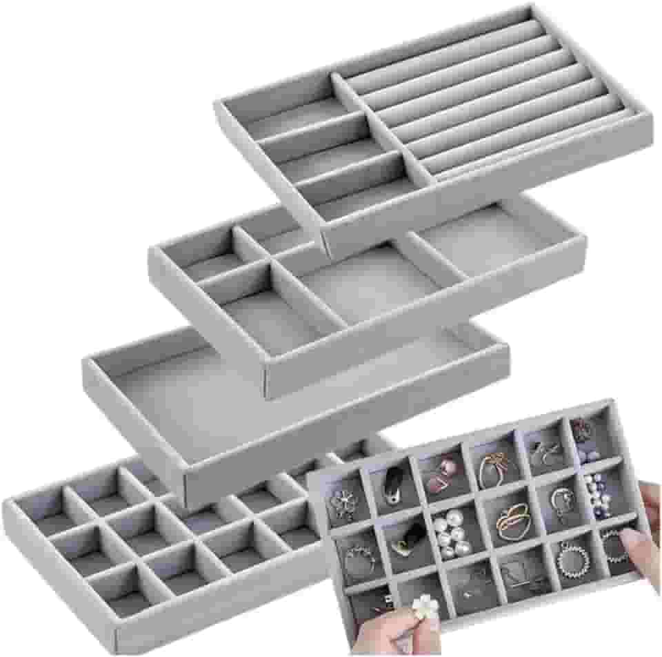 Porta Joias Kit de Bandejas Empilháveis de Veludo - Organizador Elegante Multiuso para Closet, Gavetas e Armários - Bandejas de Exibição para Brincos, Pulseiras, Colares e Anéis