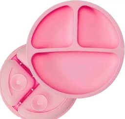Prato Infantil de Silicone com Ventosa Antiderrapante e 3 Divisórias – 20 cm, Atóxico, Resistente a Altas e Baixas Temperaturas, Ideal para Alimentação de Bebês e Crianças (Rosa)