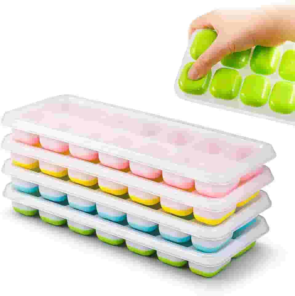 Kit 4 Forma de Gelo com Tampa em Silicone Flexível Multiuso para Freezer, Forminha de Gelo para Papinha, Bebê, Molhos, Sobremesas e Frutas, Whisky - Porta Gelo Prático | Premium InoVibes