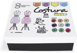 Geguton - Caixa Costura - Aço com Divisórias Internas - Organização e Decoração - Preto Fosco e Branco com Estampa