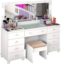 Penteadeira Com Banqueta Camarim Luxo Luz de Led Branco Acetinado