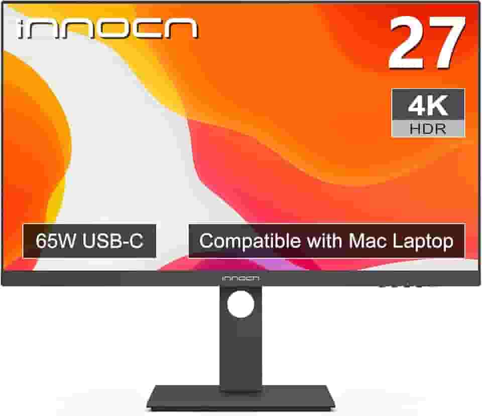 INNOCN Monitor 4K de 27 polegadas 3840 x 2160 tela LCD IPS, HDR400, USB C 65W, DP, HDMI, monitor de PC para laptop Mac, 1.07B + cores, alto-falantes embutidos, suporte ajustável de pivô/altura, preto