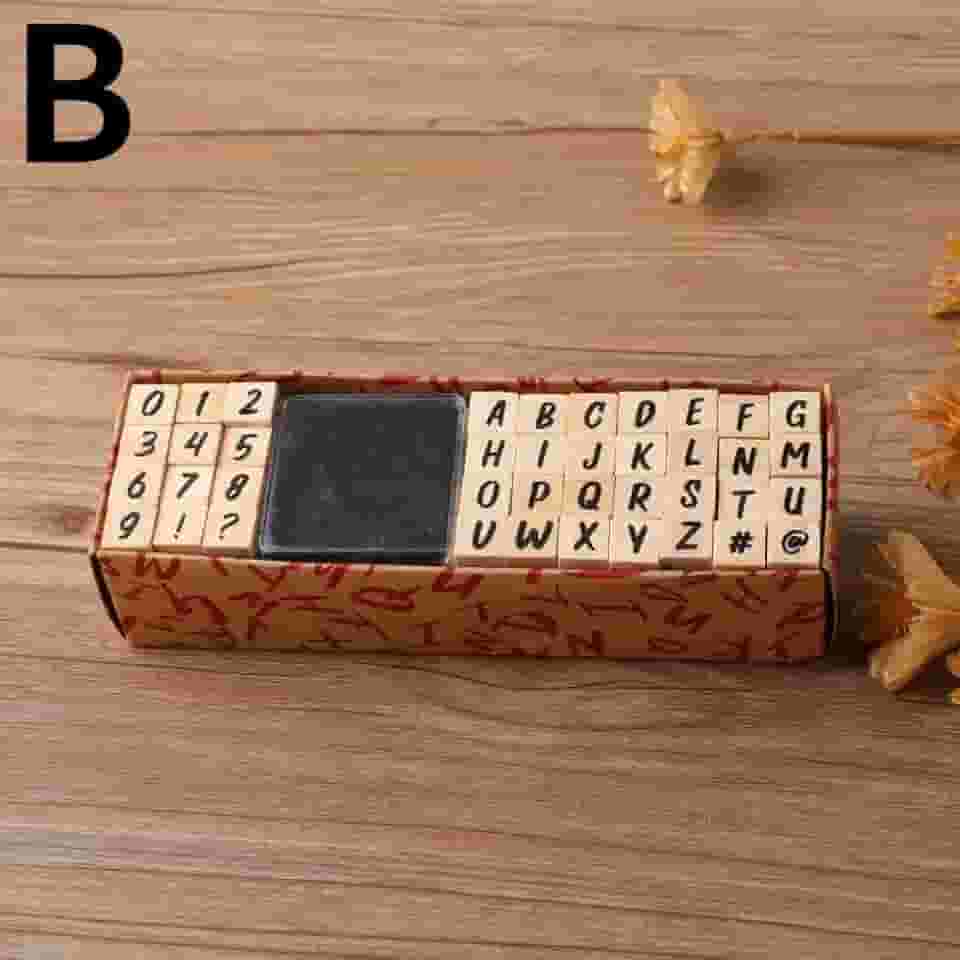 Conjunto de 40 carimbos do alfabeto vintage de madeira de borracha com símbolo de letras com bloco de tinta preta para planejamento de cartões, scrapbook (B)