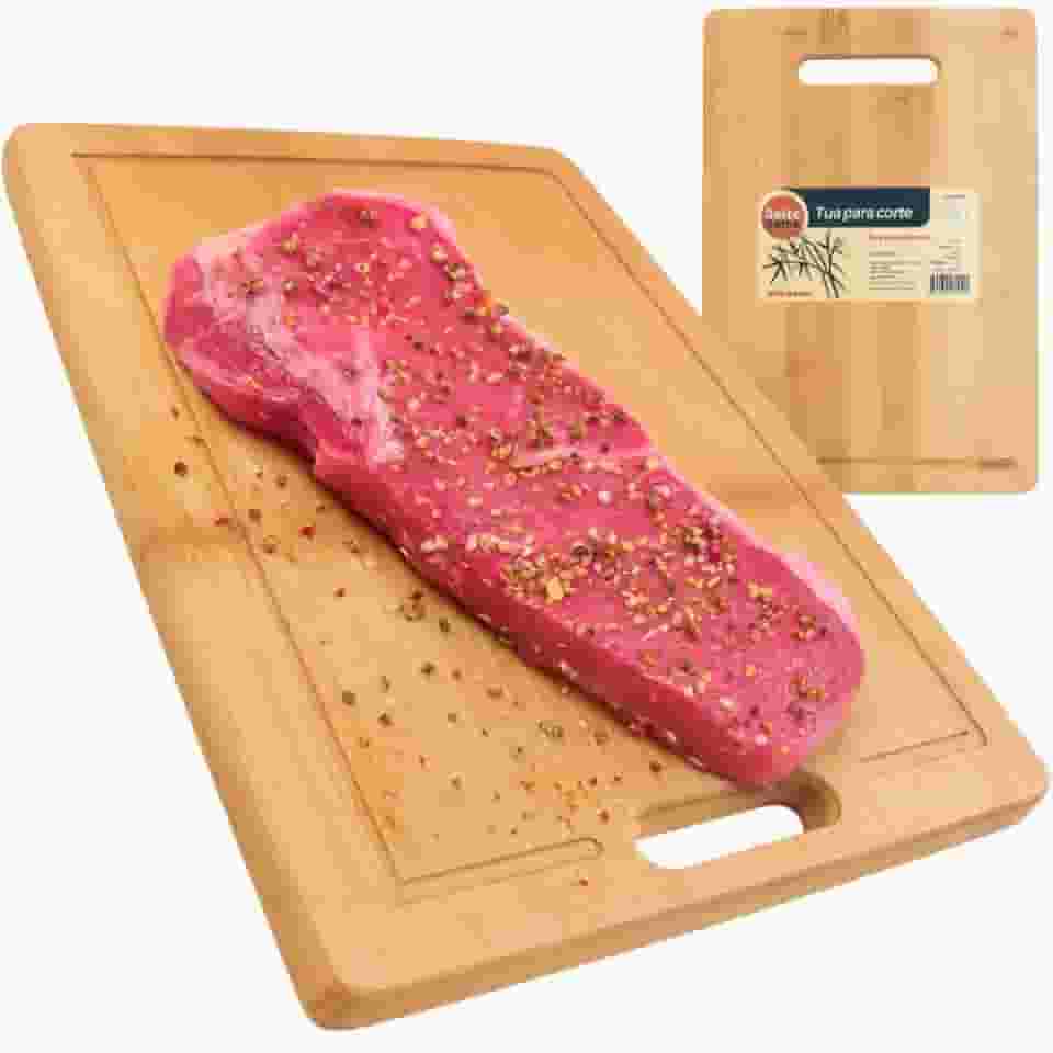 Tábua de Corte 100% Bambu 30x20cm – Resistente, Antibacteriana e Ecológica, Ideal para Churrasco, Carnes, Legumes e Frutas, Design com Alça e Ranhura Cozinha Gourmet Premium Durável KOALAECOM®